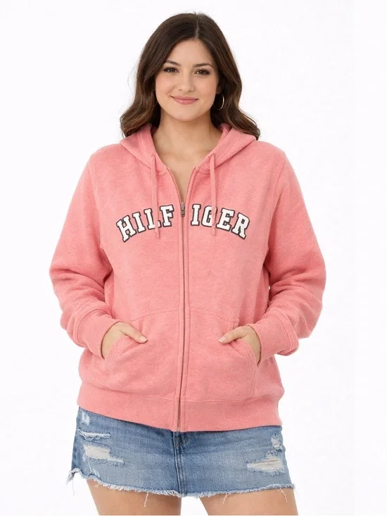 Tommy Hilfiger Pink Fleece Zip-Up Hoodie – Size L - Picture 1 of 8